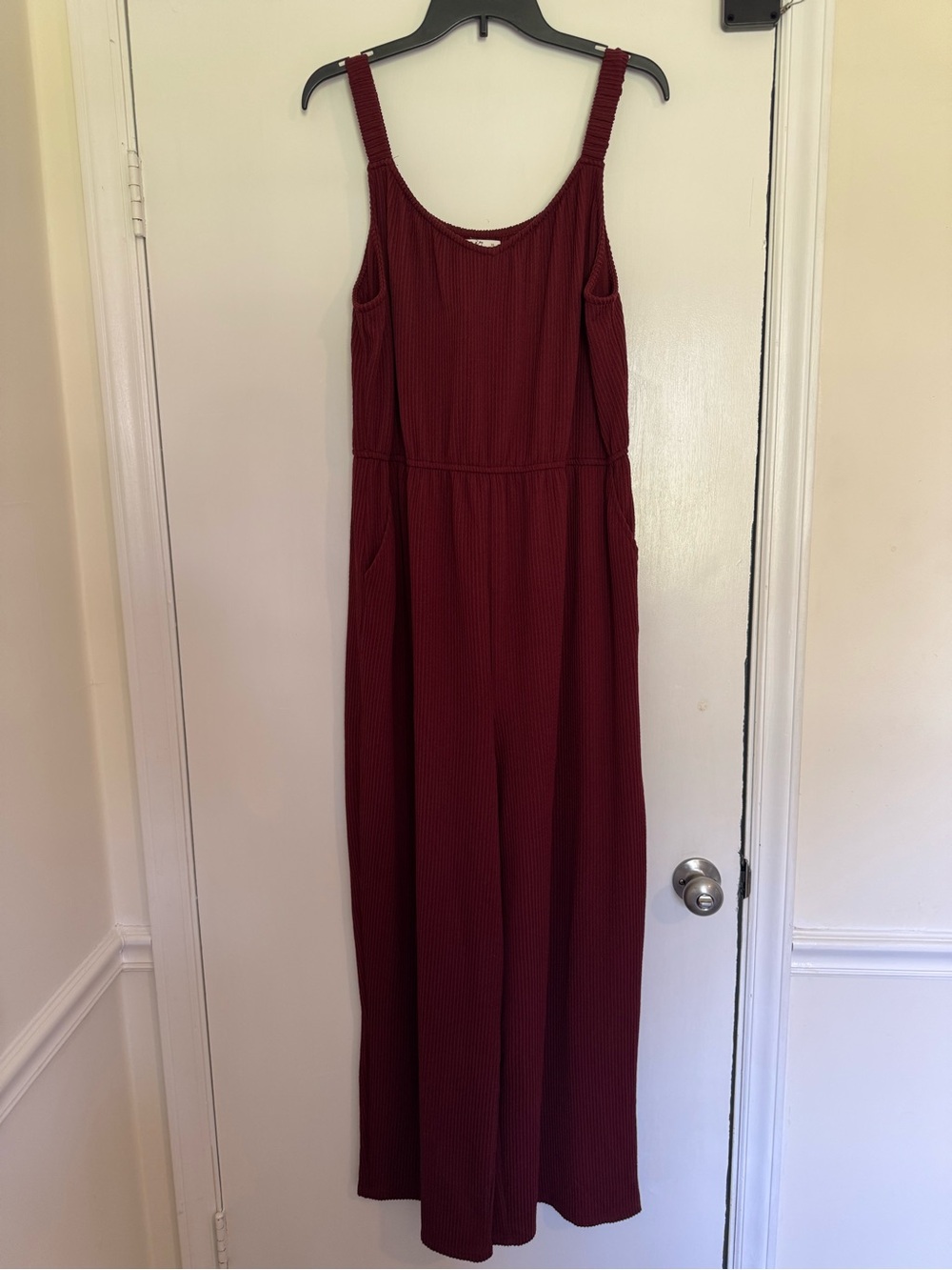 Women's Ribbed Wine Red Jumpsuit with Wide Legs